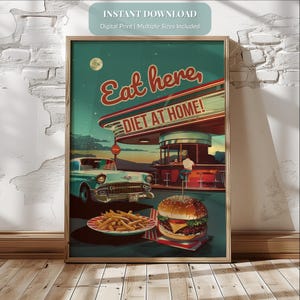 Retro Diner Wall Art, 1950s Printable Poster, Vintage Kitchen Decor, Funny Americana Sign, Fast Food Artwork, Nostalgic Restaurant Print