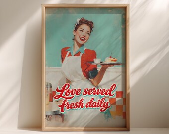 Retro Diner Kellnerin Kunstdruck – 1950er Jahre Nostalgie (PNG Digital Download)