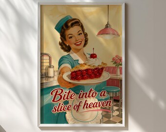 1950er Jahre Diner Pie Poster – Retro Küchenwandkunst mit Kellnerin
