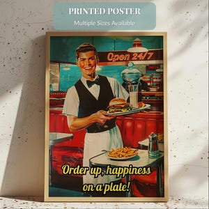 Funny Retro Diner Wall Art Print, Vintage 1950s Waiter Poster, Juicy Burger and Fries Mid Century Kitchen Decor, Classic American Cafe Art
