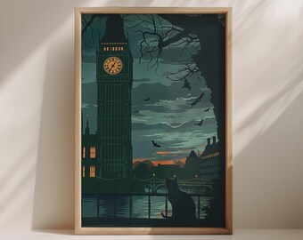 Halloween London Print: Gothic Black Cat, Big Ben (Digital Download)