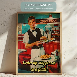 Retro Diner Wall Art Printable, 1950s Kitchen Decor, Funny Vintage Food Poster, Mid Century Modern Artwork, Retro Cafe Wall Decoration