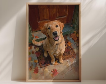 Golden Retriever Willkommen Poster - Welpe auf Herbst Veranda (Digitaler Download)