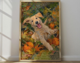 Golden Retriever Welpe Herbst Illustration Kunstdruck: Gemütlicher Herbst Hund Wanddeko