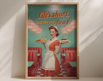 Retro Diner Poster - Lustiger Kellnerin 1950er Jahre Print, Bunt Vintage Digital Download