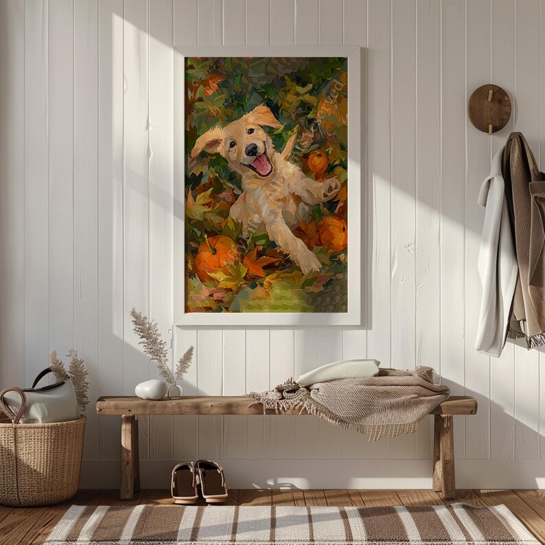 Golden Retriever Puppy Fall Art Print: Cozy Autumn Dog Wall Decor - Etsy