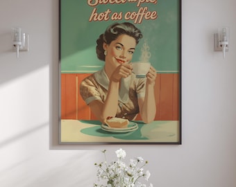 Retro Coffee and Pie Poster - 1950er Jahre Diner Stil Wandkunst, Vintage Frau digitaler Download