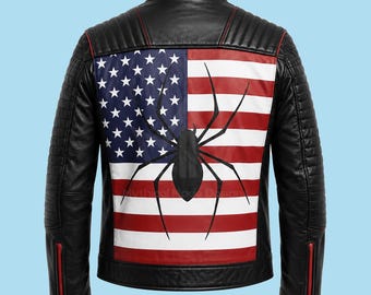 MCR Inspired Spider USA Flag Leather Biker Jacket - Cosplay Punk Outfit - racing jacket for unisex