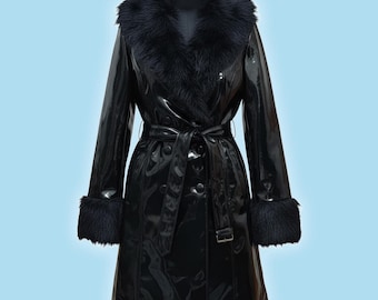 Handmade Black Vinyl Duster: Shiny Faux Leather Matrix Style Coat, Faux Fur Collar, Waterproof