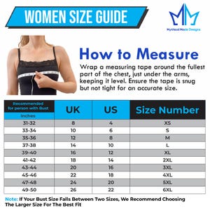 May include: A women's size guide with a blue and white design. The guide includes a table with bust measurements in inches, corresponding UK and US sizes, and size numbers. The text "WOMEN SIZE GUIDE" is at the top.