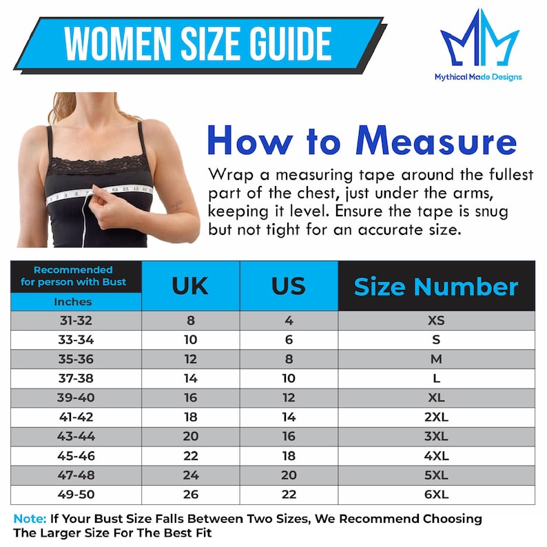 May include: A women's size guide with a blue and white design. The guide includes a table with bust measurements in inches, corresponding UK and US sizes, and size numbers. The text "WOMEN SIZE GUIDE" is at the top.