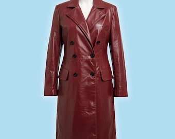 Burgundy Leather Double-Breasted Trench Coat – Handstitched Long Winter Outerwear