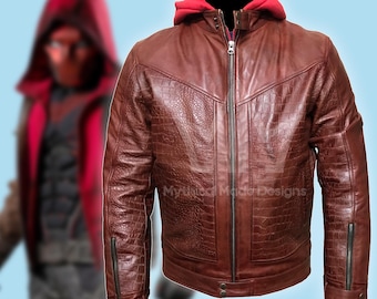 Jason Todd braune Lederjacke mit abnehmbarer Kapuze, Titans Cosplay-Kostüm, Jacke in Krokodiloptik