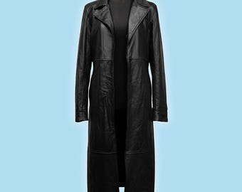 Women's Black Leather Trench Coat – Handstitched Gothic Outerwear