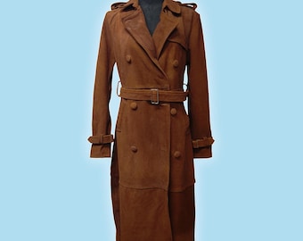 Genuine Suede Trench Coat – Dark Brown Leather Belted Winter Outerwear Jacket
