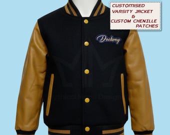 Custom Varsity Jacket, Leather Wool Bomber, Chenille Patches, Kids Baseball Coat