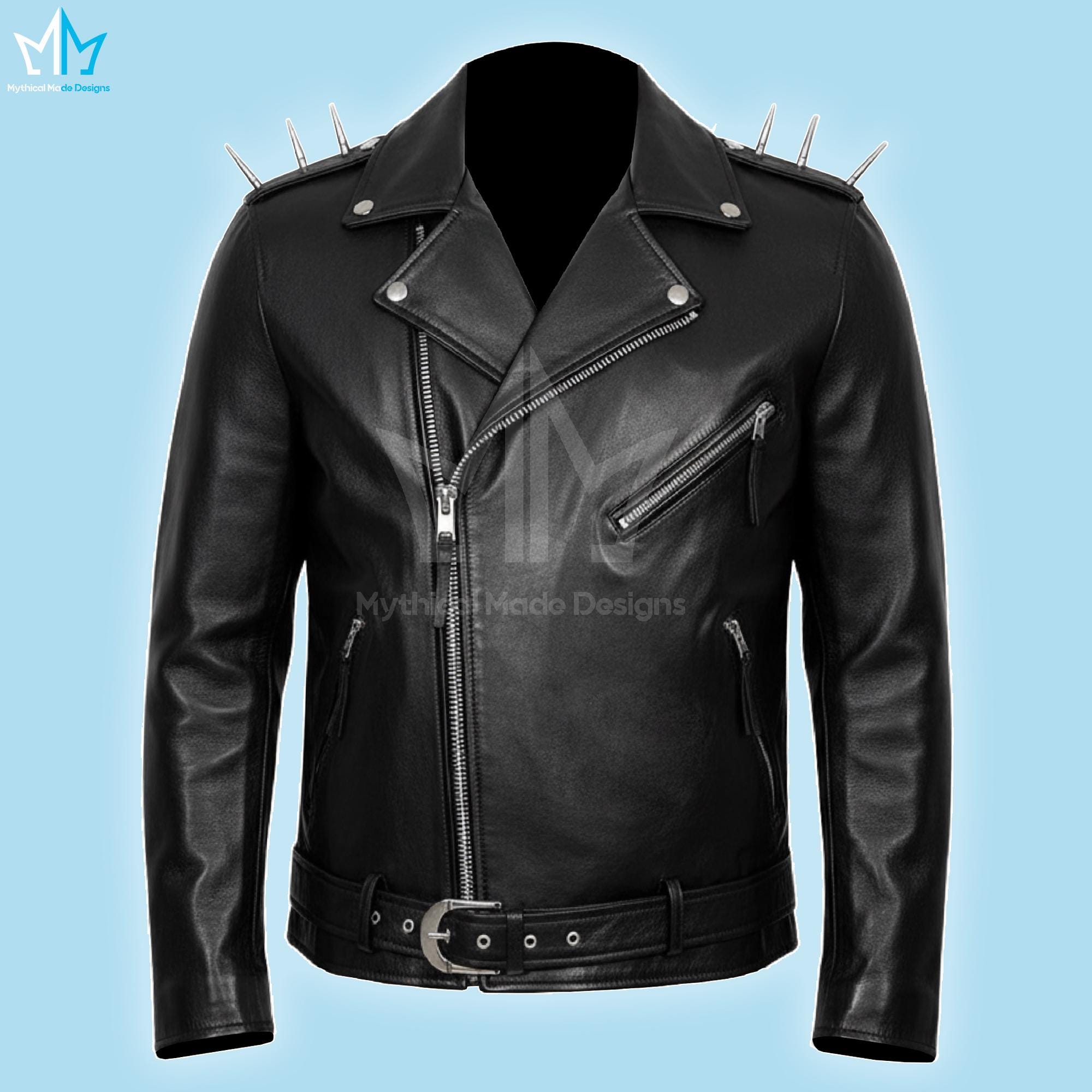 Cross Zip Ghost Rider Leather Jacket With Devil Spikes | Black