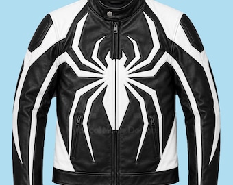 Spinnenjacke Schwarz-Weiß | Venom-Symbionten-Bikerjacke | Herren-Motorradlederjacke | Kostüm für Comic-Con, Cosplay & Halloween | Unisex