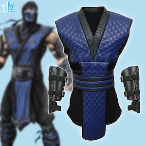 May include: A blue and black cosplay costume with quilted detailing. The costume includes a vest, arm guards, and a belt. The vest has a V-neck and black trim. The arm guards are black with adjustable straps. Ideal for cosplay or costume events.