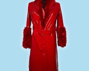 Handmade Red Vinyl Duster: Shiny Faux Leather Matrix Style Coat, Faux Fur Collar, Waterproof