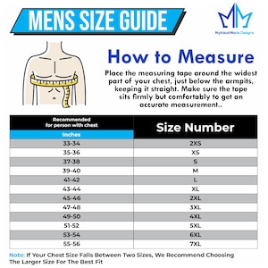 May include: A blue and white size guide for men's clothing. The guide includes chest measurements in inches, ranging from 33-34 inches to 55-56 inches, corresponding to sizes 2XS to 7XL. The guide also shows how to measure the chest.