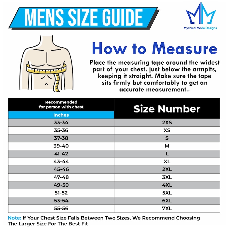 May include: A blue and white size guide for men's clothing. The guide includes chest measurements in inches, ranging from 33-34 inches to 55-56 inches, corresponding to sizes 2XS to 7XL. The guide also shows how to measure the chest.