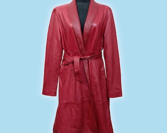 Red Lambskin Leather Trench Coat – Handstitched Italian Belted Winter Outerwear
