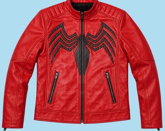 Spinnenjacke Rot und Schwarz | Venom Bikerjacke | Motorrad-Lederjacke für Herren | Kostüm für Comic Con, Cosplay & Halloween | Unisex
