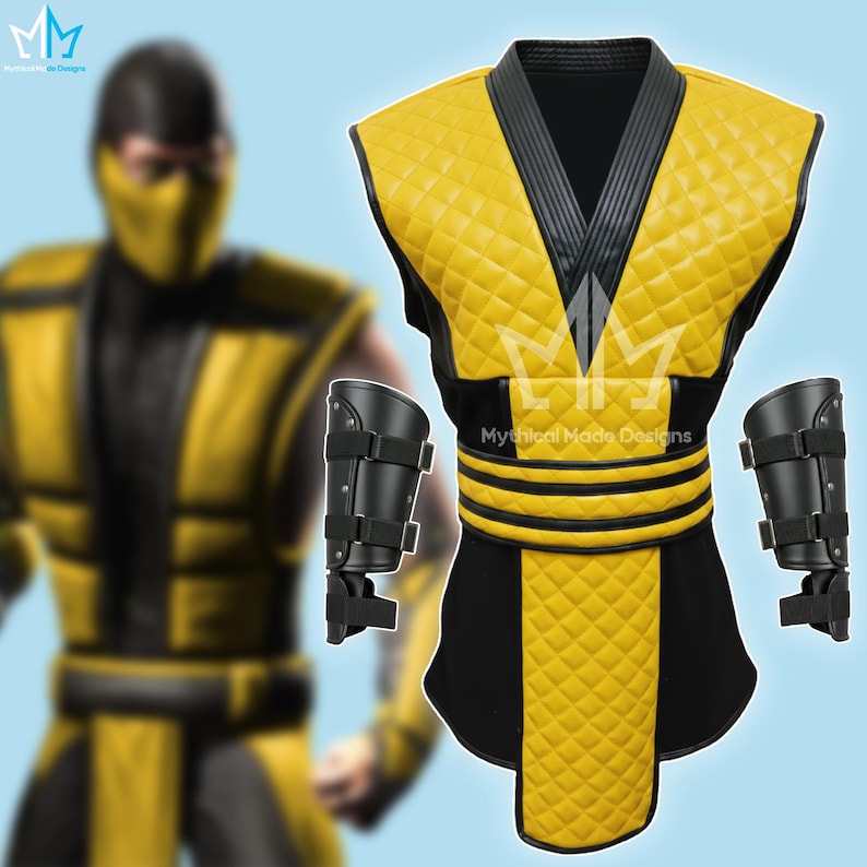 May include: A yellow and black costume with diamond-patterned padding, a black collar, and matching arm guards. The costume has a black belt with yellow stripes. The text "Mythical Made Designs" is visible on the costume.