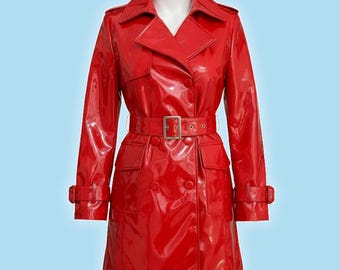 Red Patent Vinyl Trench Coat - High-Shine Glossy Long Raincoat - Women's Matrix Style Gothic Overcoat
