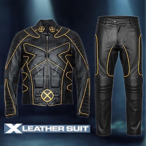 Wolverine Cosplay Jacka & Byxa Set – X Men Läder Superhjältekostym – Herr Svart Motojacka, Guldrandig – Halloween Outfit