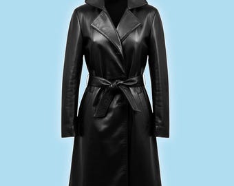 Black Real Leather Long Trench Coat – Women's Belted Winter Overcoat, Gothic Style