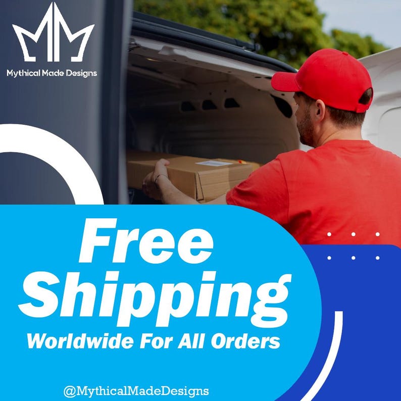 May include: A person wearing a red shirt and cap is loading a cardboard box into a white van. The image includes the text "Free Shipping Worldwide For All Orders" and the logo for Mythical Made Designs.