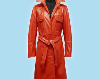Orange Genuine Leather Trench Coat – Handstitched Italian Belted Overcoat