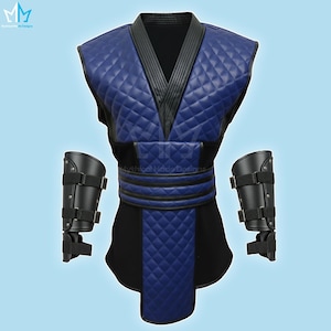 May include: A blue and black costume with a quilted pattern, featuring a V-neck design and black accents. Includes matching black arm guards with adjustable straps. The costume is likely for cosplay or themed events.