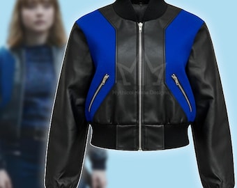 Ruby Stokes Lockwood & Co Bomber Leather Jacket - Women Blue and Black Cosplay Leather Costume