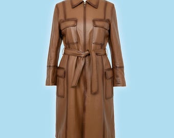 Tan Brown Italian Style Trench Coat - Hand-Stitched Real Leather Women's Overcoat