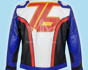 Lederjacke im Stil von Soldier 76 aus Overwatch, blau-weiß-rotes taktisches Cosplay-Kostüm