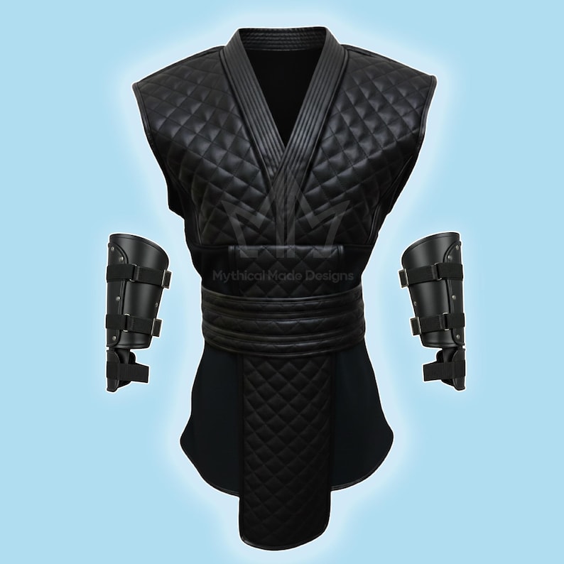 May include: Black quilted leather vest with a V-neck collar, a wide belt, and a diamond pattern. Includes matching arm guards with straps and buckles. The text "Mythical Mode Designs" is visible.