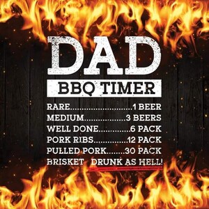 May include: A BBQ-themed sign with a fiery border. The sign reads "DAD BBQ TIMER" in bold white letters. Below, a list details beer quantities for different meat cooking levels, including "Drunk as Hell!" for brisket.