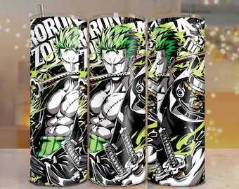 Zoro Samurai Tumbler Wrap – 20oz PNG Sublimation with Green Hair Sword Anime Art print.png