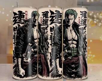 Zoro Samurai Brush Art Tumbler Wrap – 20oz PNG Sublimation with Katana & Calligraphy Design print.png