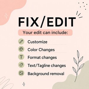 May include: A graphic with the words "FIX/EDIT" in bold black letters. Below, it lists editing options: Customize, Color Changes, Format changes, Text/Tagline changes, and Background removal. The background is a soft peach color.