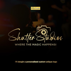 May include: Gold logo for Shutter Studios, featuring a camera icon and the text "Shutter Studios, Where the magic happens!" The logo also includes the text "I'll design a personalized custom unique logo."