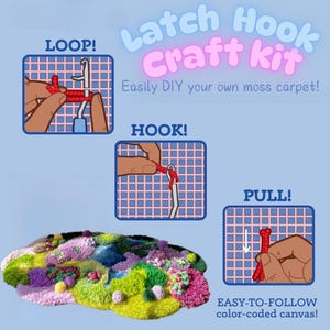 Peut inclure: Un kit de bricolage Latch Hook pour cr&eacute;er un tapis de mousse. L'image montre un tapis color&eacute; avec des nuances de vert, rose, violet et bleu. Des instructions sont incluses avec les mots "LOOP!", "HOOK!" et "PULL!"
