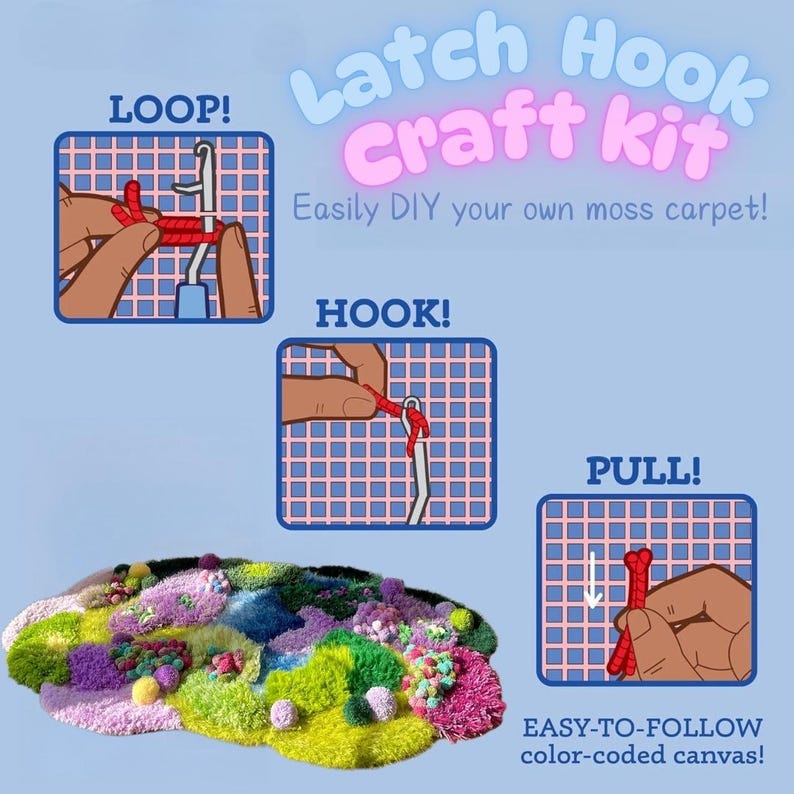 Peut inclure: Un kit de bricolage Latch Hook pour cr&eacute;er un tapis de mousse. L'image montre un tapis color&eacute; avec des nuances de vert, rose, violet et bleu. Des instructions sont incluses avec les mots "LOOP!", "HOOK!" et "PULL!"