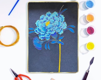 6x8" DIY Cloisonne Enamel Painting Kit with Frame: Beginner-Friendly Craft, Home Decor Blue Peony