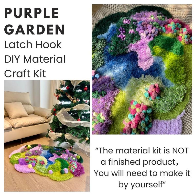 Peut inclure: Kit de bricolage au crochet de type "PURPLE GARDEN", avec des fils verts, violets et bleus. L'image pr&eacute;sente un tapis fini avec un motif abstrait et une note de non-responsabilit&eacute; concernant le kit.