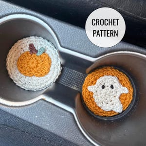 Crochet Fall Car Coasters Pattern: Pumpkin and Ghost, Cup Holder Insert, Digital Download