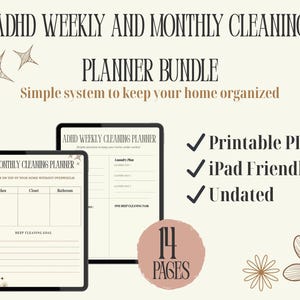 Può includere: Pacchetto di pianificatori di pulizia settimanali e mensili per ADHD. L'immagine mostra due pianificatori digitali con il testo "Monthly Cleaning Planner" e "ADHD Weekly Cleaning Planner". L'immagine include anche il testo "PDF stampabile", "iPad Friendly" e "Undated".